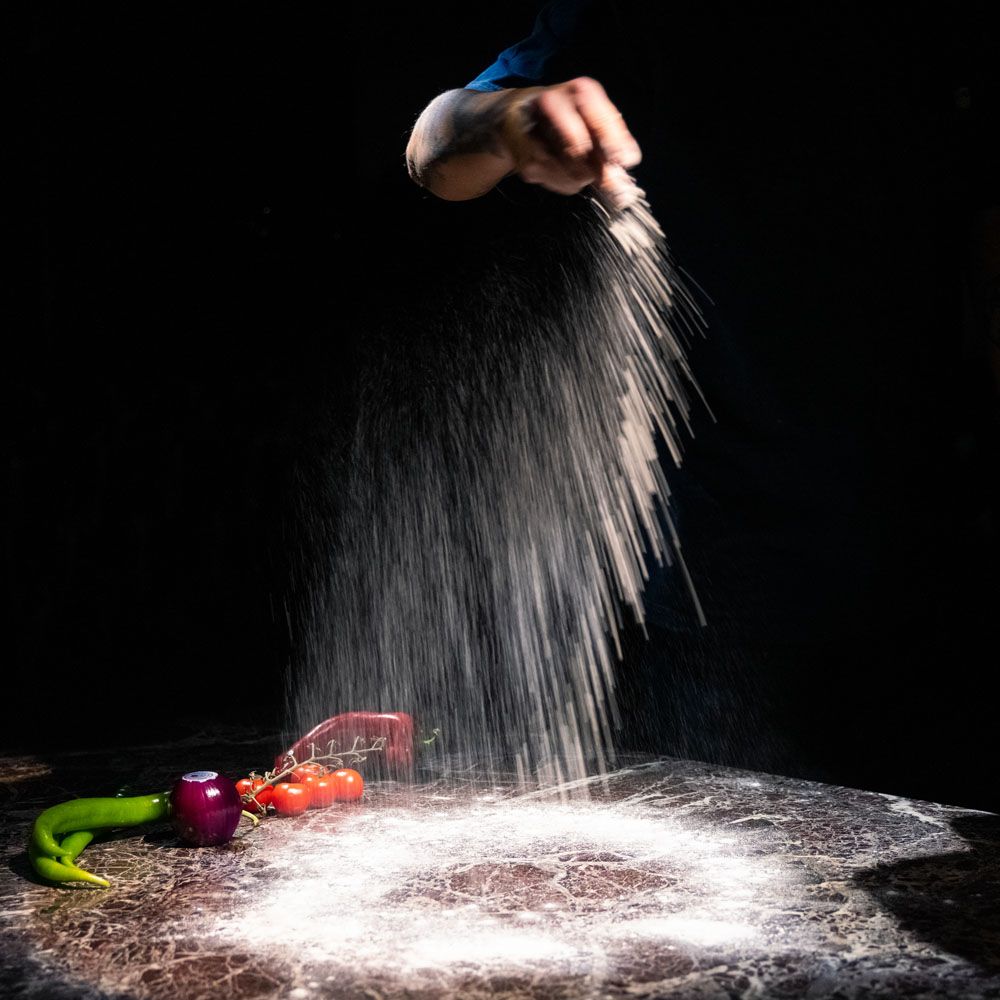 Flour dusting the noodle dough
