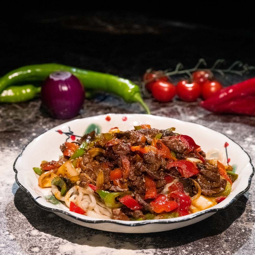 Beef and black fungus on hand-pulled noodles